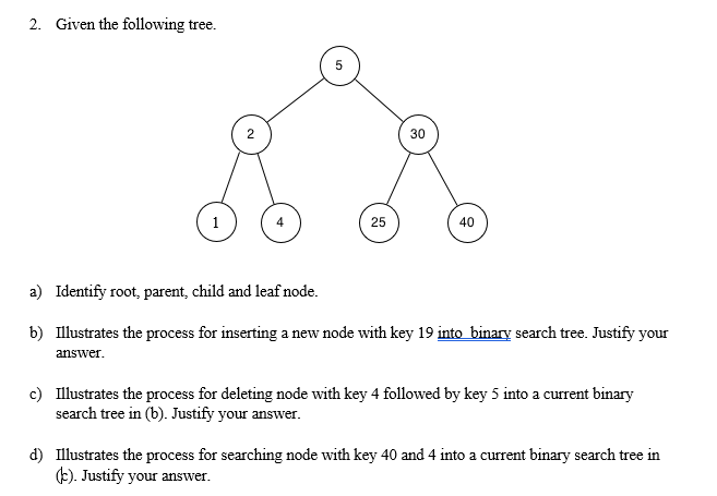 Solved 2. Given the following tree. 30 25 40 a) Identify | Chegg.com