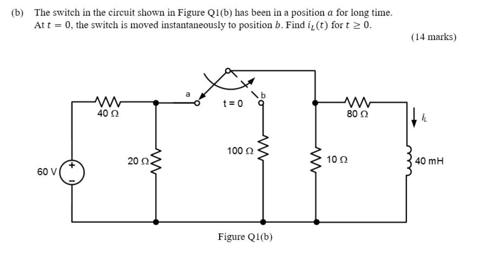 Solved (b) The switch in the circuit shown in Figure Q1(b) | Chegg.com