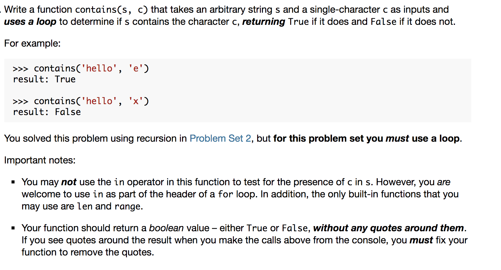 Solved Write a function contains(s, c) that takes an | Chegg.com