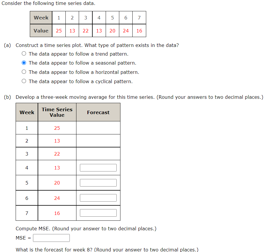 Solved Consider the following time series data. Week 1 2 3 4 | Chegg.com
