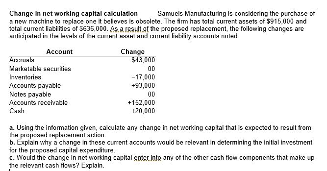 Change In Net Working Capital Calculation Samuels Chegg Com