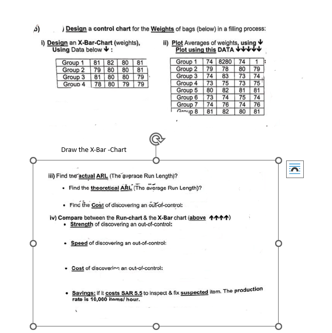 Solved b) Design a control chart for the Weights of bags | Chegg.com