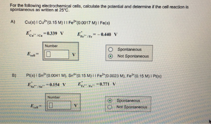 Solved For The Following Electrochemical Cells Calculate 4111