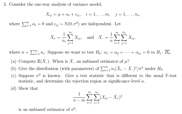 Solved 3. Consider the one-way analysis of variance model, | Chegg.com