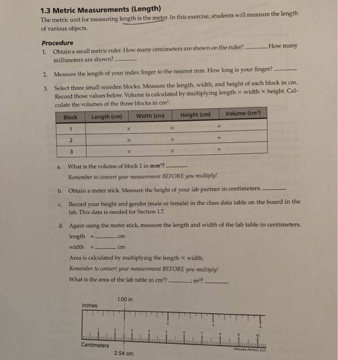 Solved 1 3 metric measurements length the metric unit for chegg