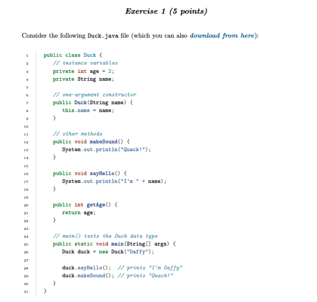Solved 1. Add a public method getName()to the Duck class. | Chegg.com