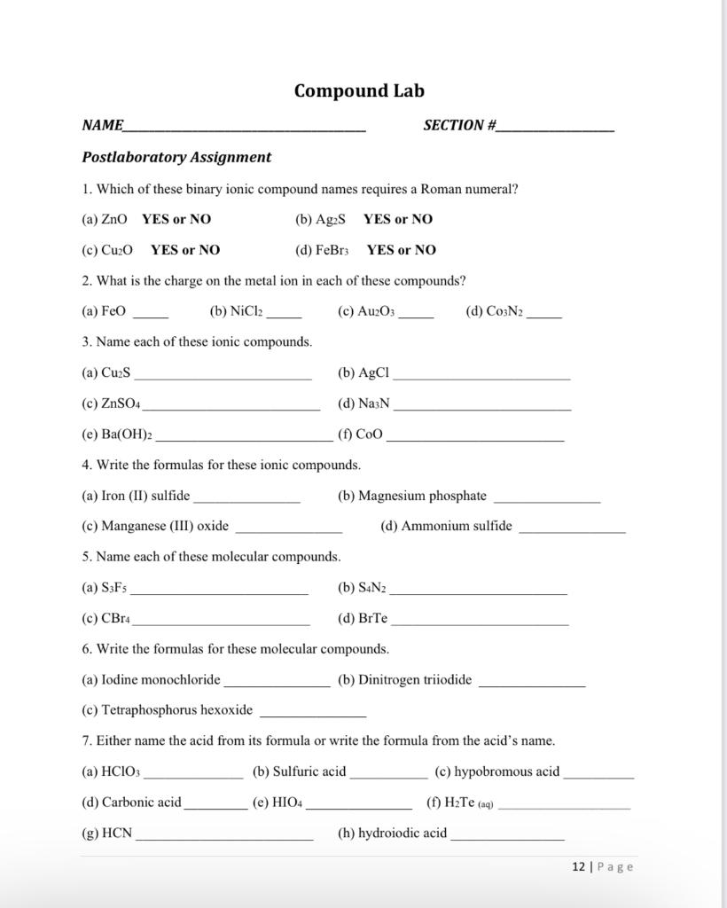 Solved Compound Lab NAME SECTION \ Postlaboratory