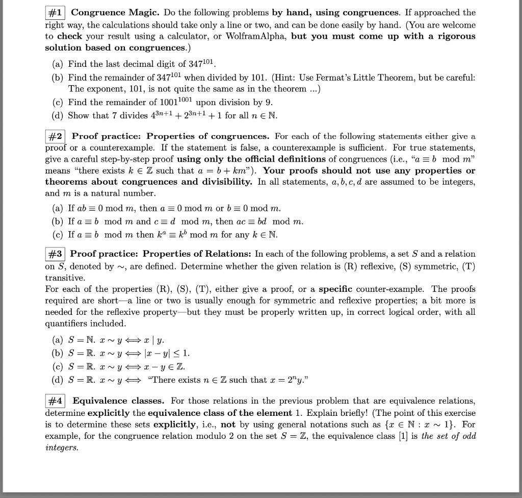 Solved \#1 Congruence Magic. Do the following problems by | Chegg.com