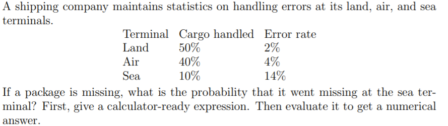 Solved A shipping company maintains statistics on handling | Chegg.com
