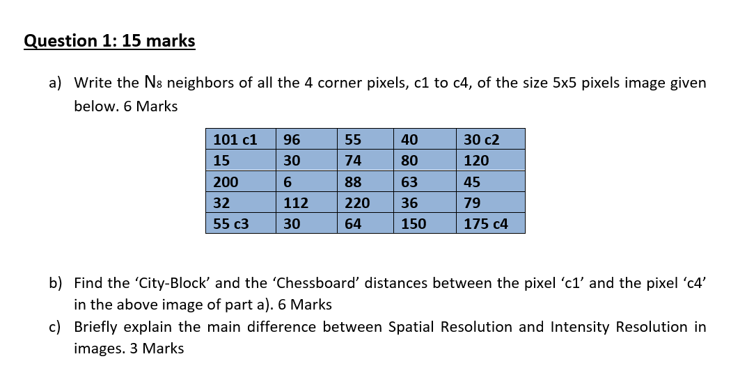 Solved Question 1: 15 marks a) Write the N8 neighbors of all | Chegg.com