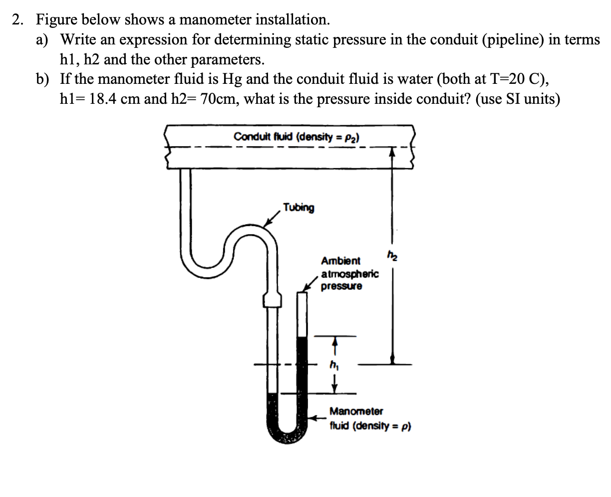 Solved 2. Figure below shows a manometer installation. a)