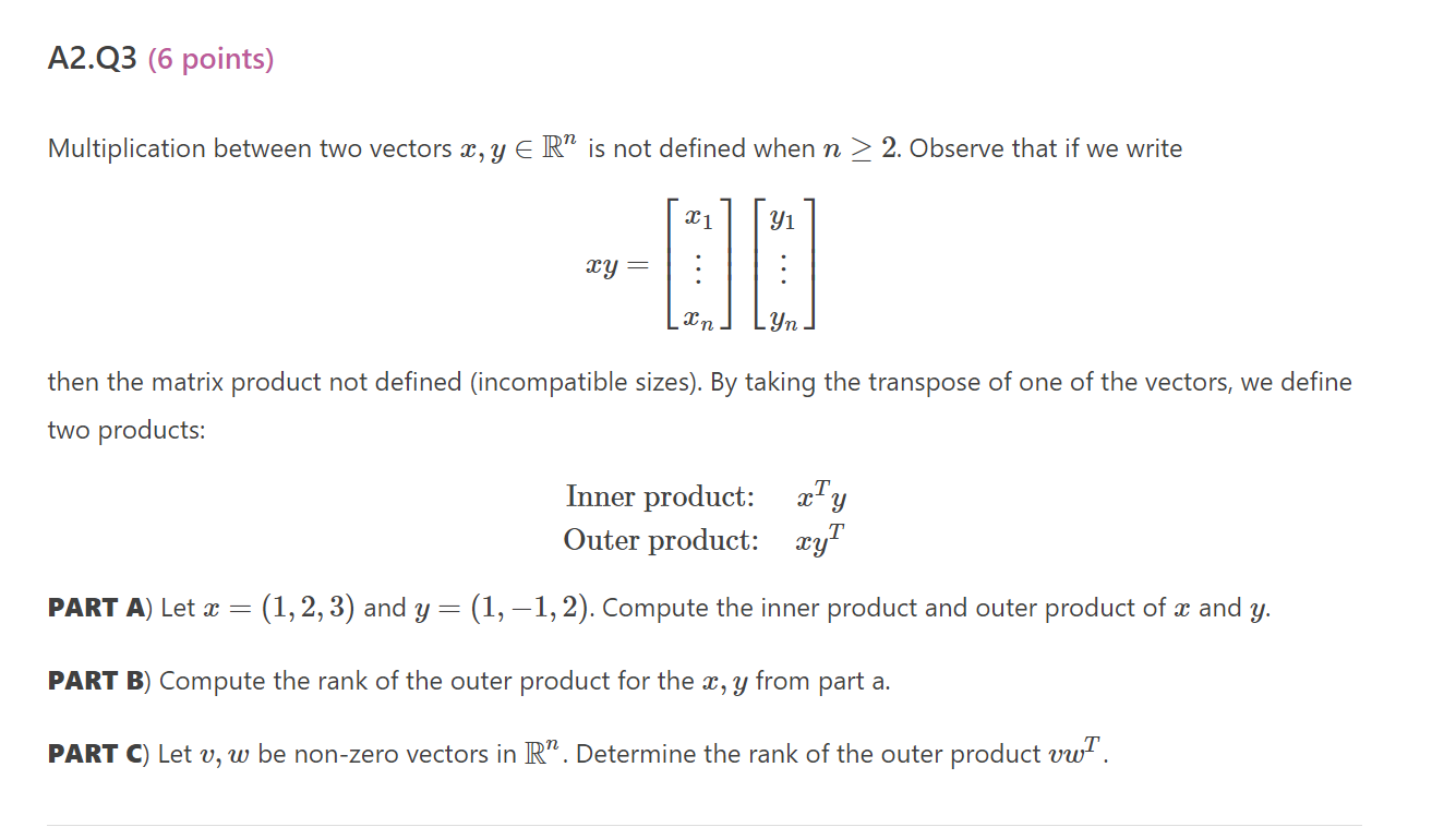 Solved A2.Q3 6 points Multiplication between two vectors Chegg