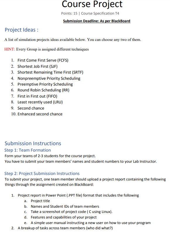 Solved Course Project Points: 15 Course Specification T4 | Chegg.com