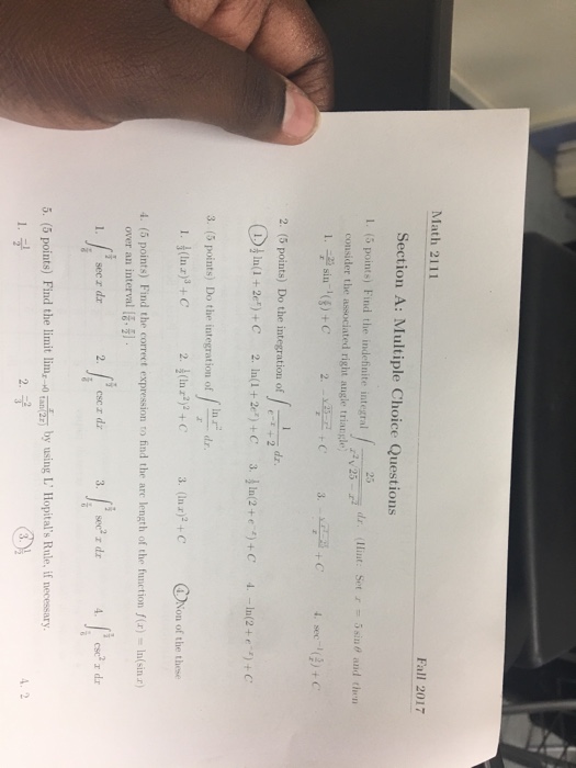 Solved Math 2111 Fall 2017 Section A: Multiple Choice | Chegg.com