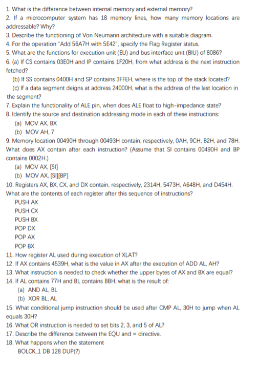 Solved 1. What is the difference between internal memory and | Chegg.com