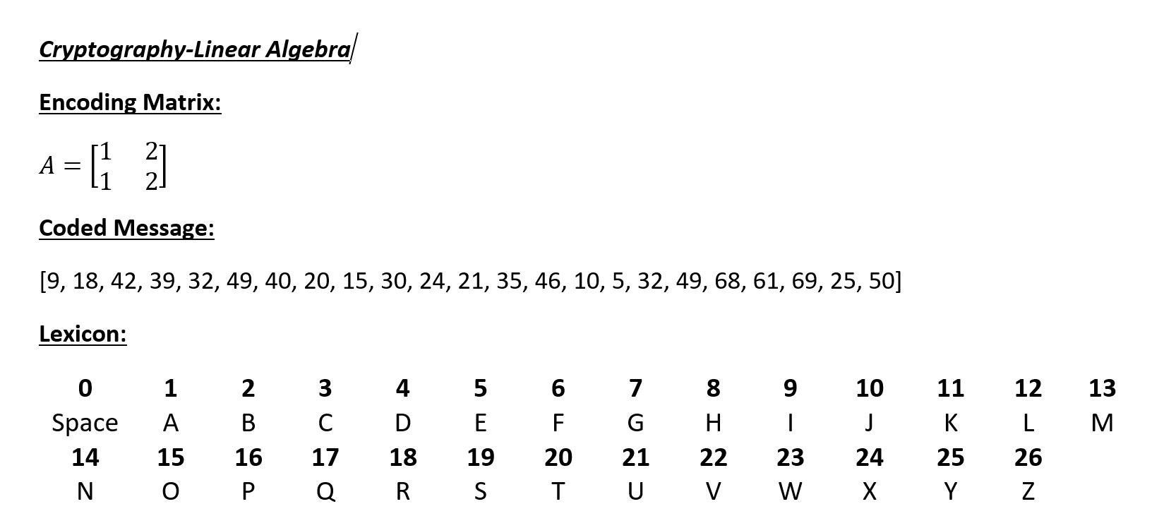 Cryptography-Linear Algebra Encoding Matrix: A= [1 2] | Chegg.com