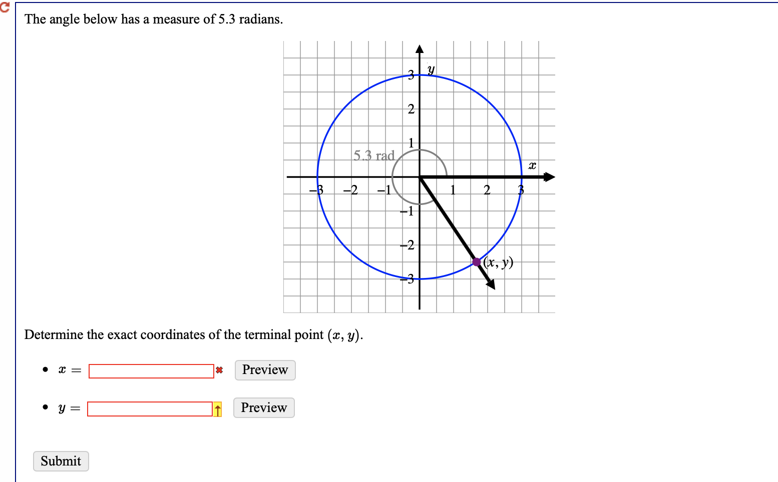 Solved The angle below has a measure of 5.3 radians. | Chegg.com