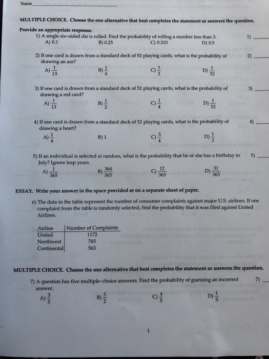 Solved Name MULTIPLE CHOICE Choose the one alternative that | Chegg.com