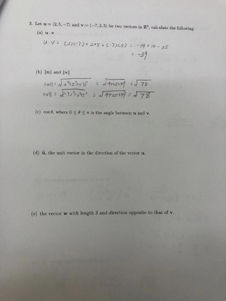 Solved 3 Let U 2 5 7 And V 7 2 5 Be Two Vector Chegg Com