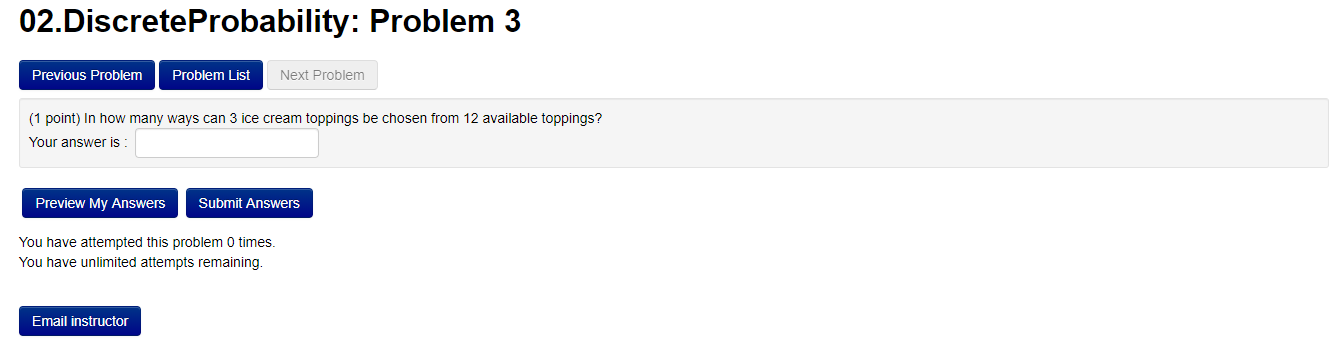 Solved 02.Discrete Probability: Problem 3 Previous Problem | Chegg.com