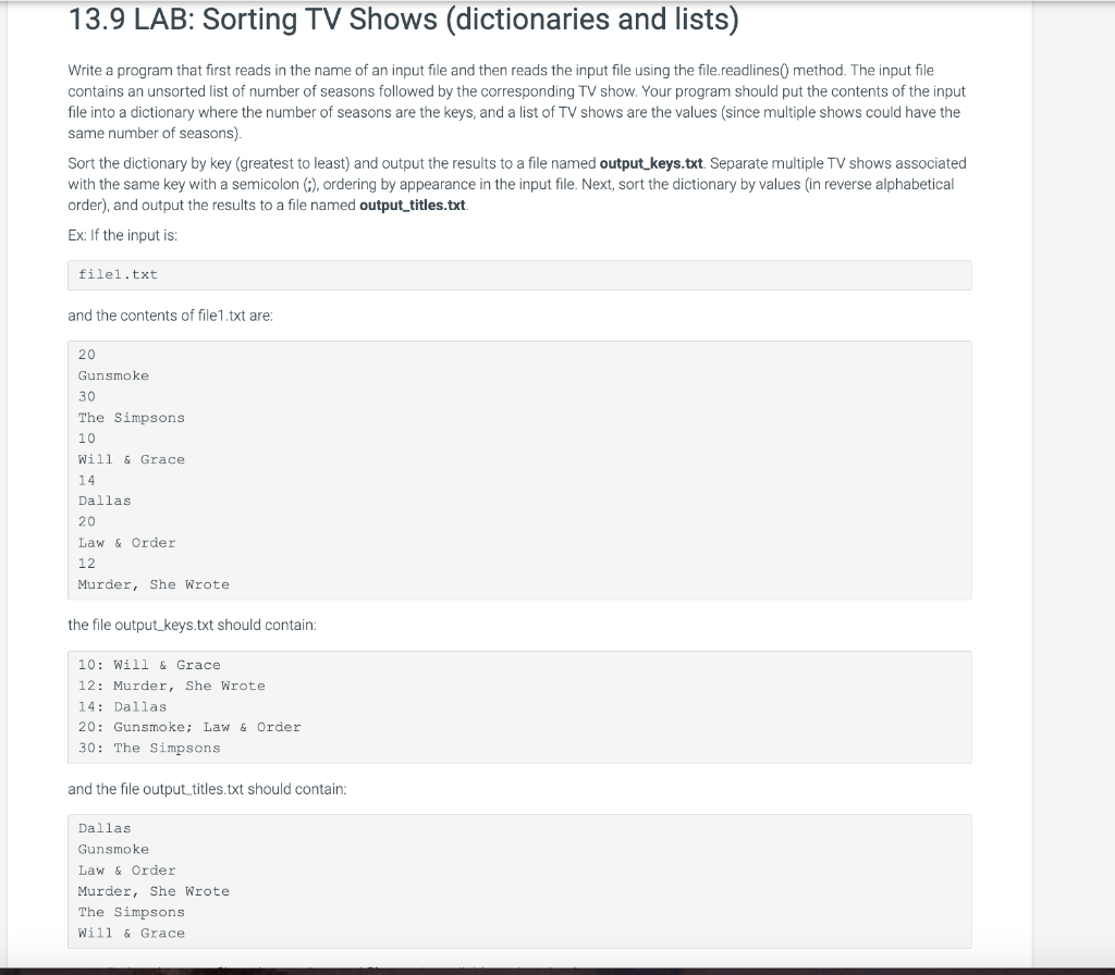 Solved 13.9 LAB Sorting TV Shows (dictionaries and lists)