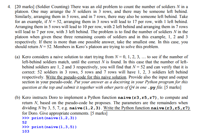 Solved 4. [20 marks] (Soldier Counting) There was an old | Chegg.com