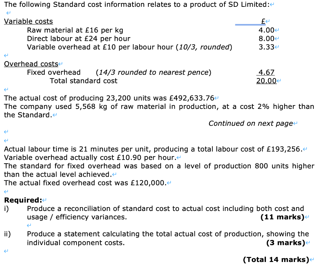 Solved The following Standard cost information relates to a