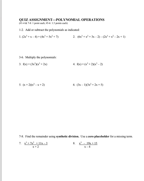 Solved QUIZ ASSIGNMENT–POLYNOMIAL OPERATIONS (W1-4 & 7-8: 1 | Chegg.com