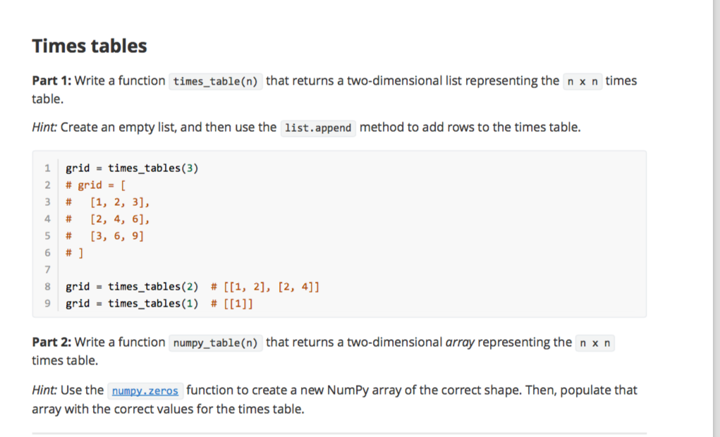 Solved Times tables Part 1: Write a function times_table(n) | Chegg.com