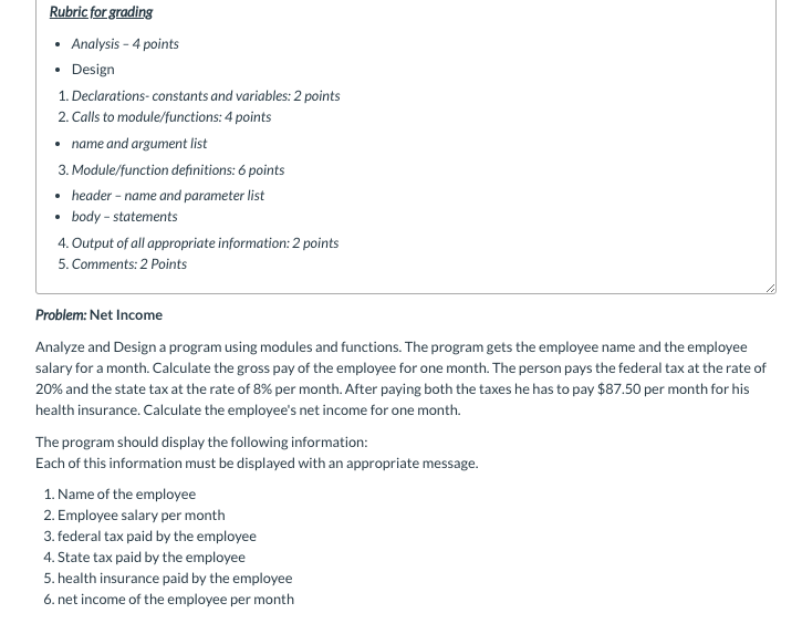 Rubric for grading • Analysis - 4 points • Design 1. | Chegg.com