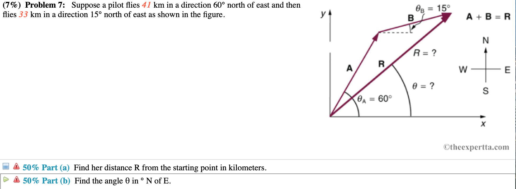 Solved (7%) Problem 7: Suppose A Pilot Flies 41 Km In A | Chegg.com