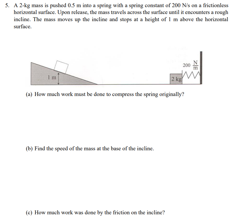 Solved 5. A 2-kg mass is pushed 0.5 m into a spring with a | Chegg.com