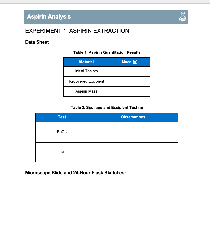 Aspirin Analysis EXPERIMENT 1 ASPIRIN EXTRACTION
