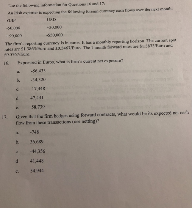 Solved Use the following information for Questions 16 and 17 | Chegg.com