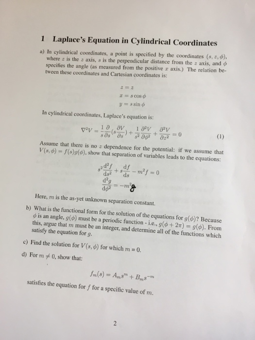 Solved 1 Laplace S Equation In Cylindrical Coordinates A In