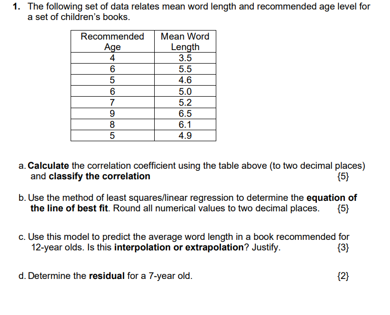 Solved 1 The Following Set Of Data Relates Mean Word Len Chegg Com