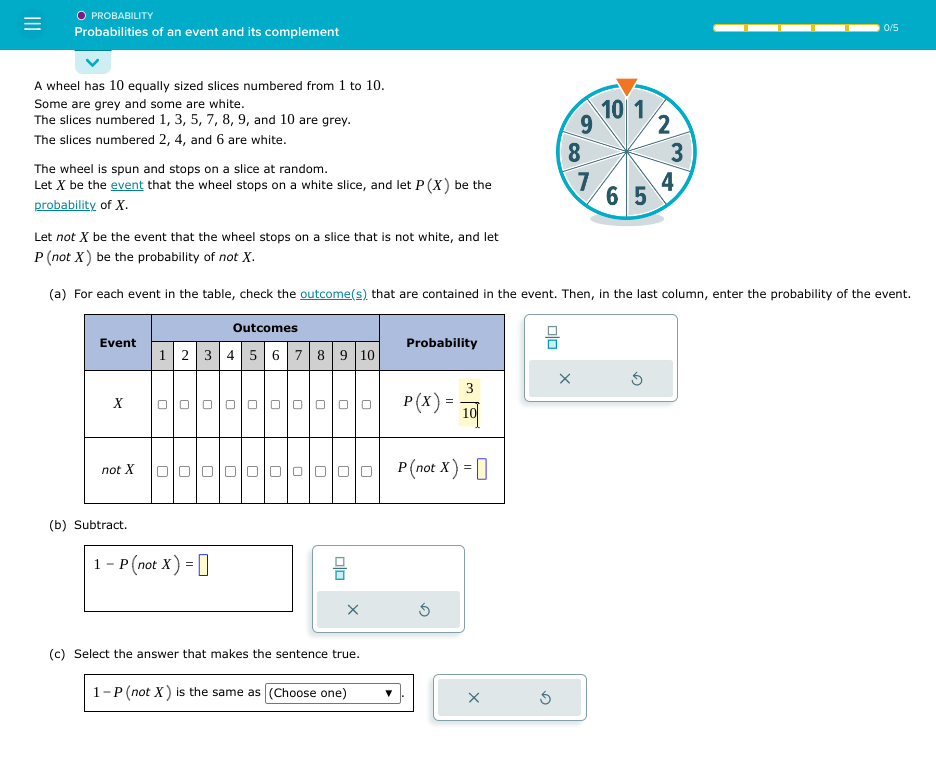 A wheel has 10 equally sized slices numbered from 1 to 10 .
Some are grey and some are white.
The slices numbered \( 1,3,5,7,