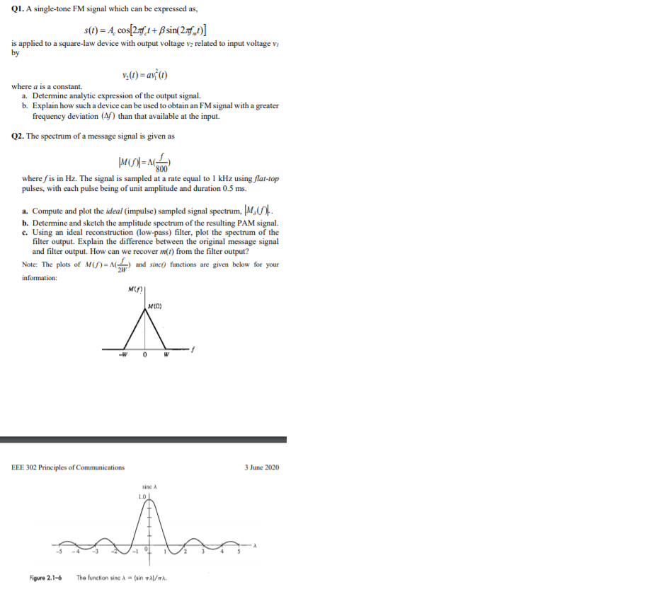 Q1 A Single Tone Fm Signal Which Can Be Expressed Chegg Com