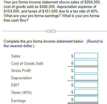Solved Your pro forma income statement shows sales of | Chegg.com