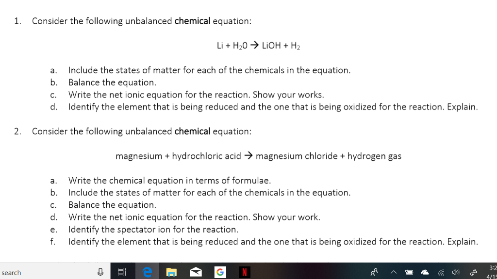 Solved 1. Consider the following unbalanced chemical | Chegg.com