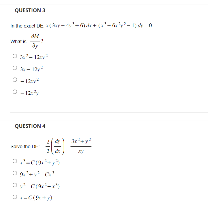 Solved In the exact DE: x(3xy−4y3+6)dx+(x3−6x2y2−1)dy=0. | Chegg.com