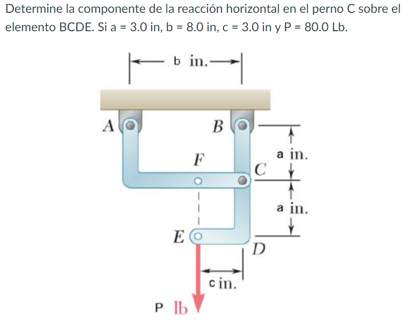 Determine la componente de la reacción horizontal en el perno \( \mathrm{C} \) sobre el elemento \( B C D E \). Si \( a=3.0 \