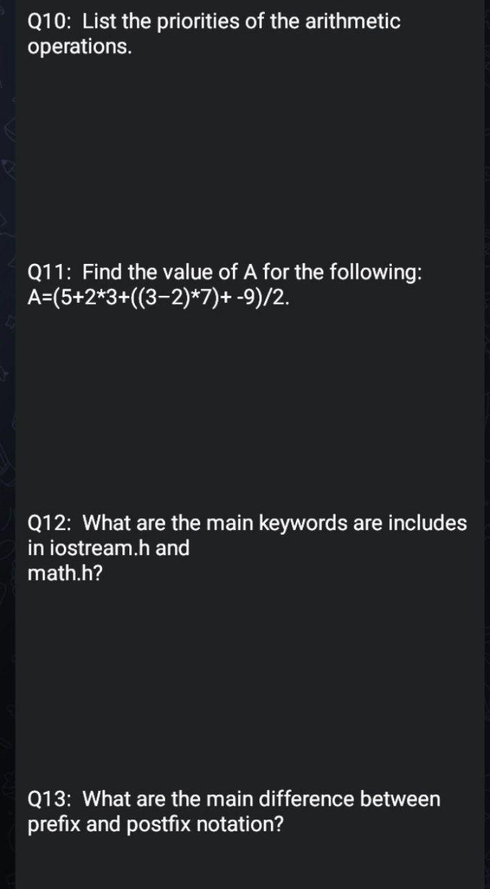 Q10: List the priorities of the arithmetic | Chegg.com
