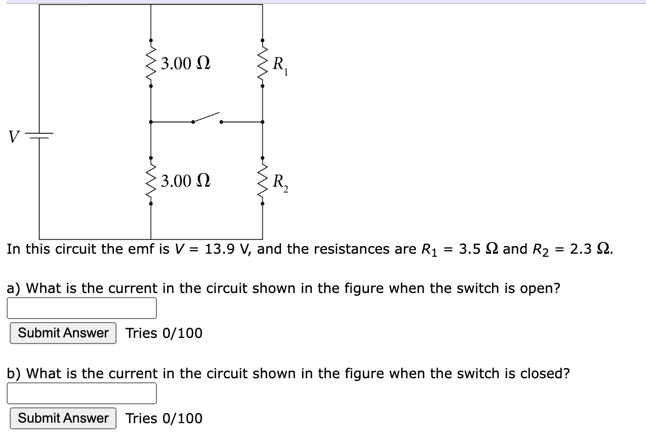 Solved In this circuit the emf is V=13.9 V, and the | Chegg.com