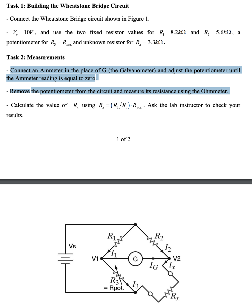 Solved Task 1: Building the Wheatstone Bridge Circuit - | Chegg.com