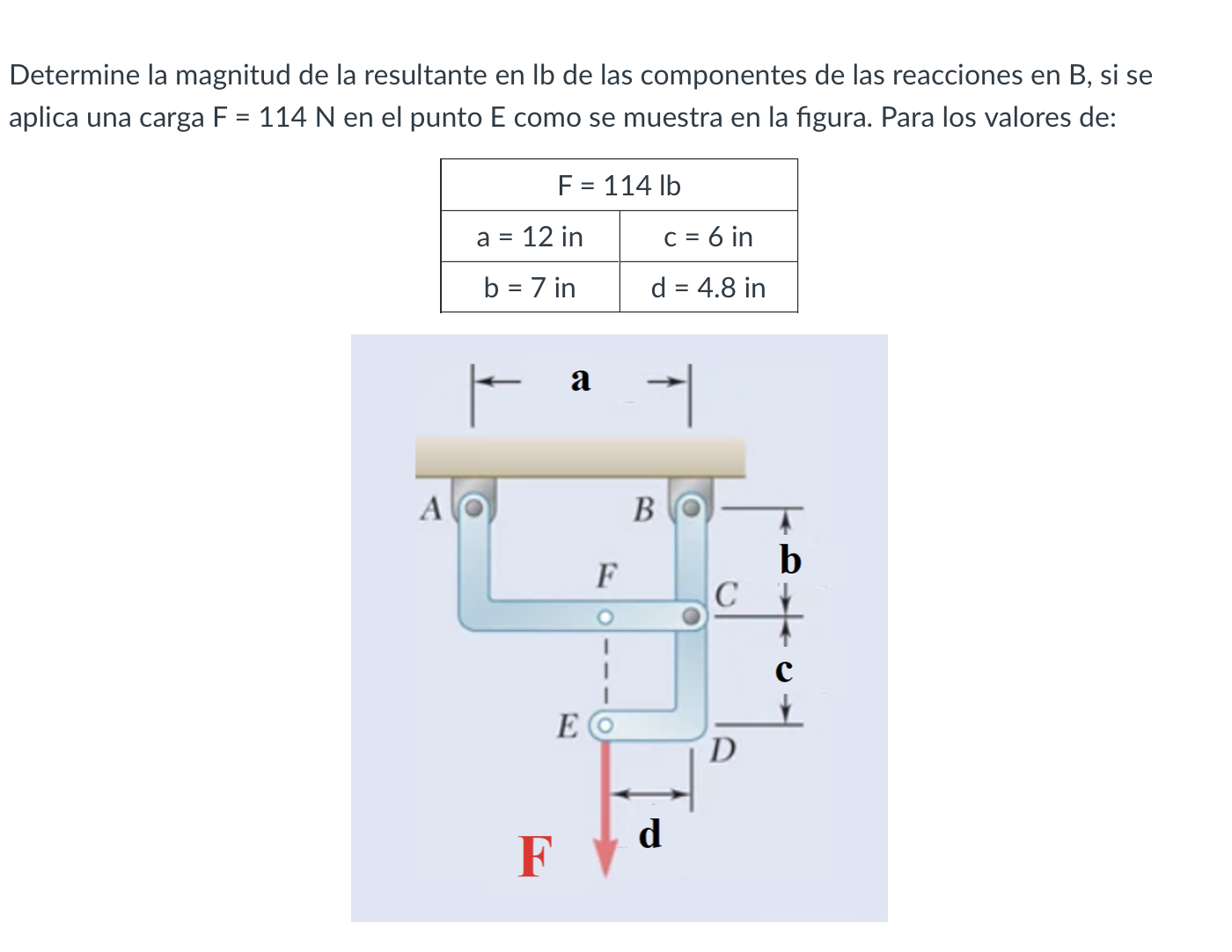 Determine la magnitud de la resultante en Ib de las componentes de las reacciones en B, si se aplica una carga \( \mathrm{F}=