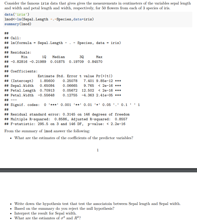 Solved Consider the famous iris data that gives gives the | Chegg.com