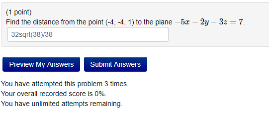 Solved (1 point) Find the distance from the point (-4,-4, 1) | Chegg.com
