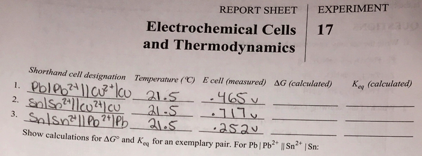 Solved REPORT SHEET EXPERIMENT Electrochemical Cells 17