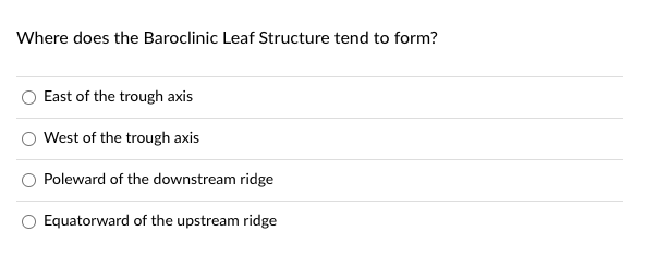 Where does the Baroclinic Leaf Structure tend to form?
East of the trough axis
West of the trough axis
Poleward of the downst